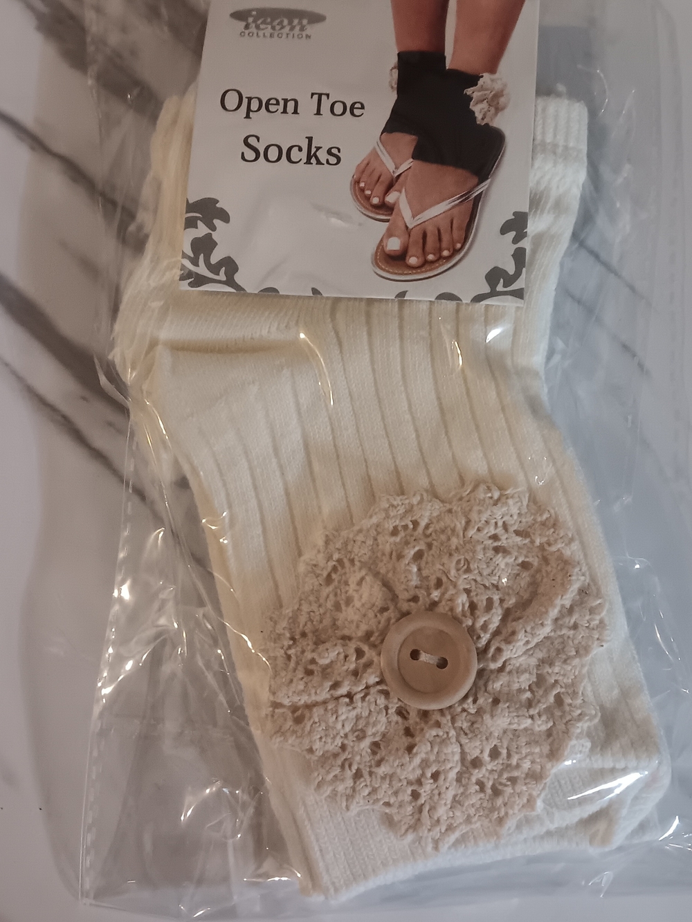Ivory Open-Toe Crochet Flower Socks with Button Accent